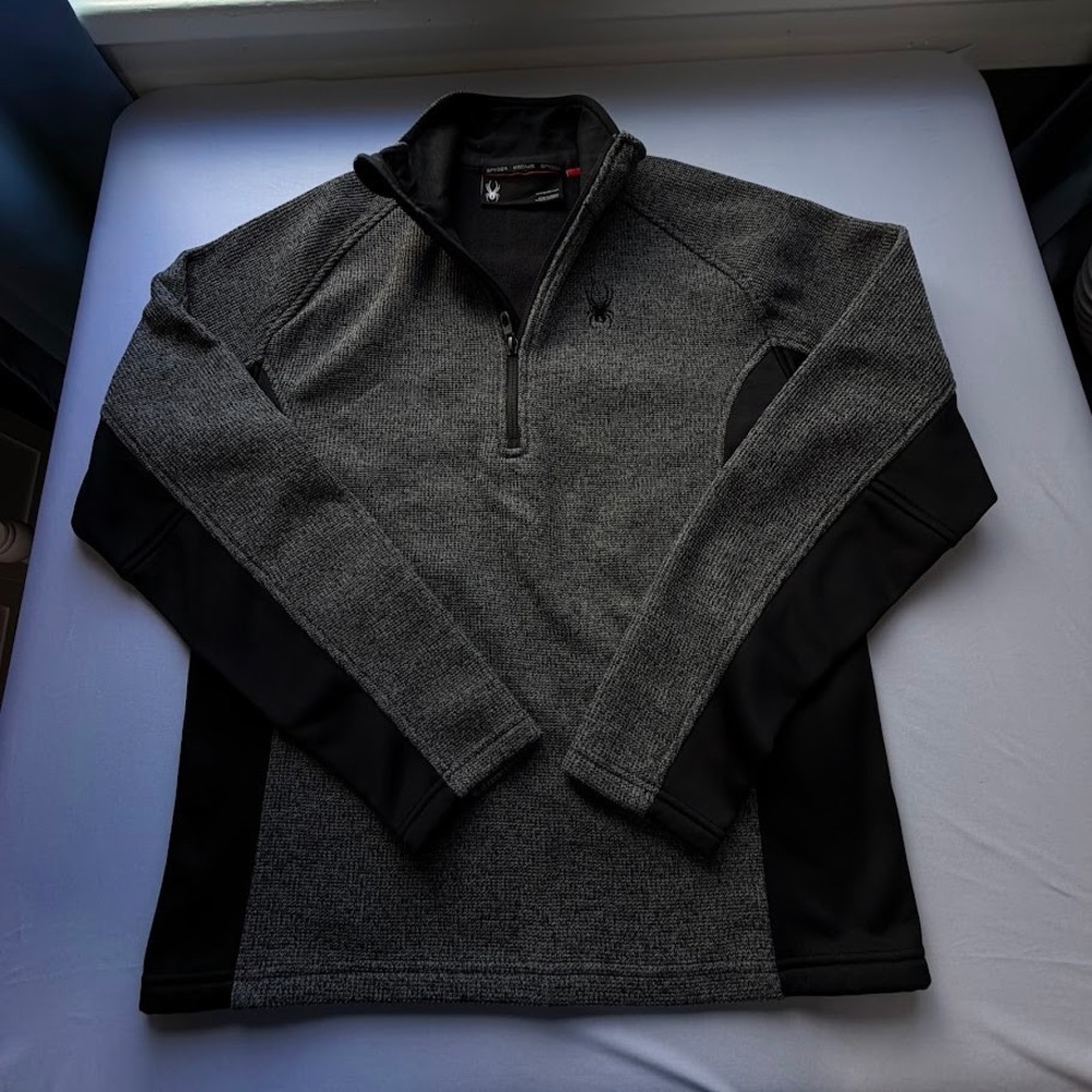 Spyder Mens Medium Quarter Zip Fleece Lined Sweater Knit Pullover Grey Black